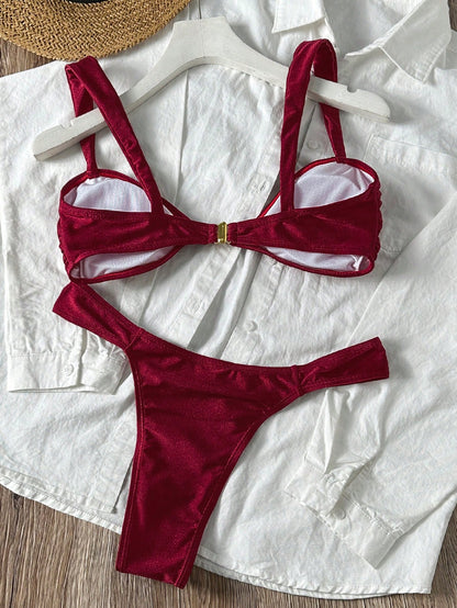 Swim SXY 2pcs Women Summer Sexy Beach Wear Solid Shell Metal Elegant Vacation Burgundy Bikini Set