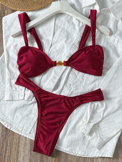 Swim SXY 2pcs Women Summer Sexy Beach Wear Solid Shell Metal Elegant Vacation Burgundy Bikini Set