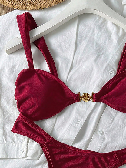 Swim SXY 2pcs Women Summer Sexy Beach Wear Solid Shell Metal Elegant Vacation Burgundy Bikini Set