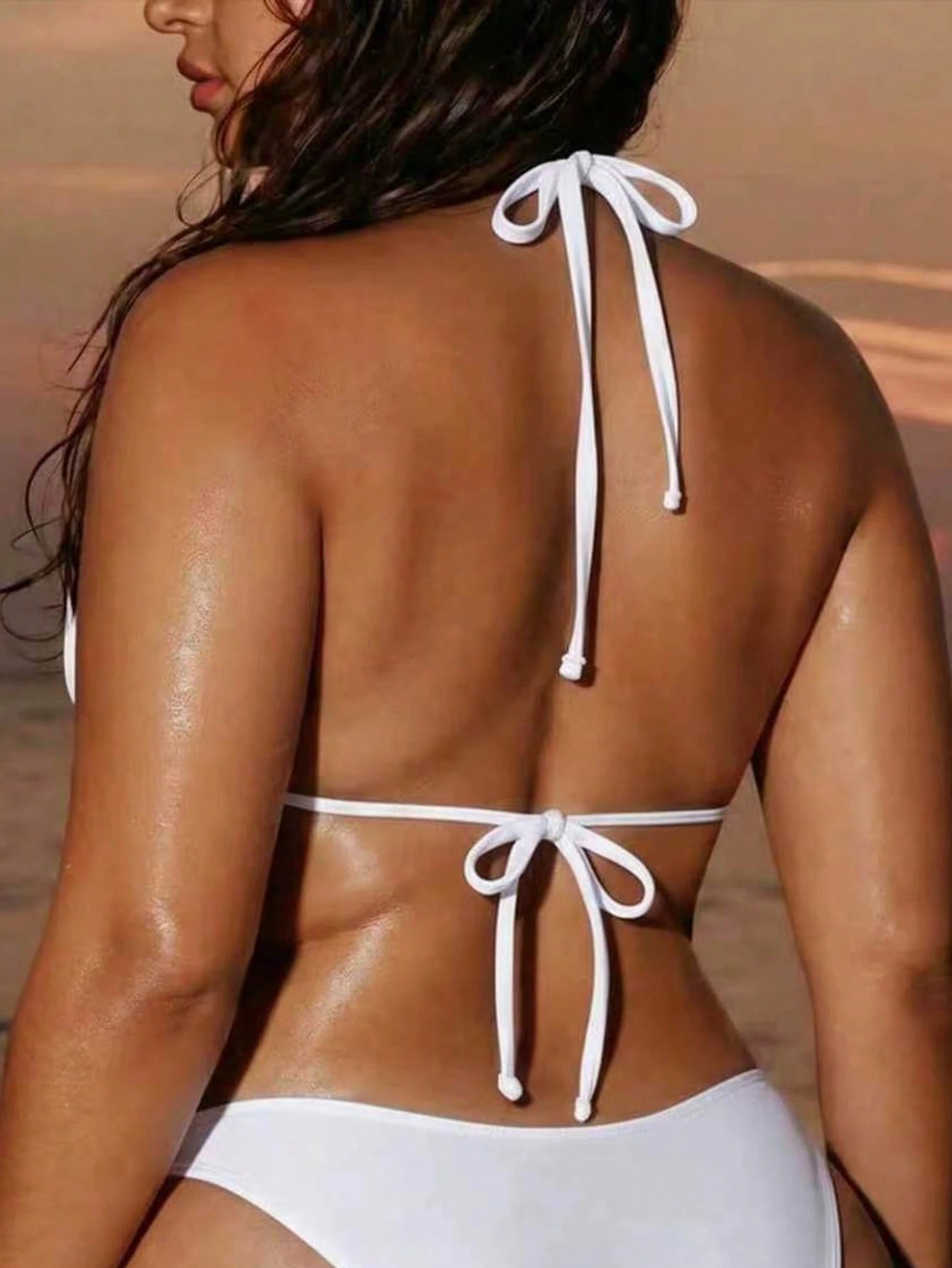 Swim SXY Plus Size White Rivet Halter Neck Triangle Cup Bikini Top, Adjustable Back Tie, Suitable For Beach Vacation Summer Sexy