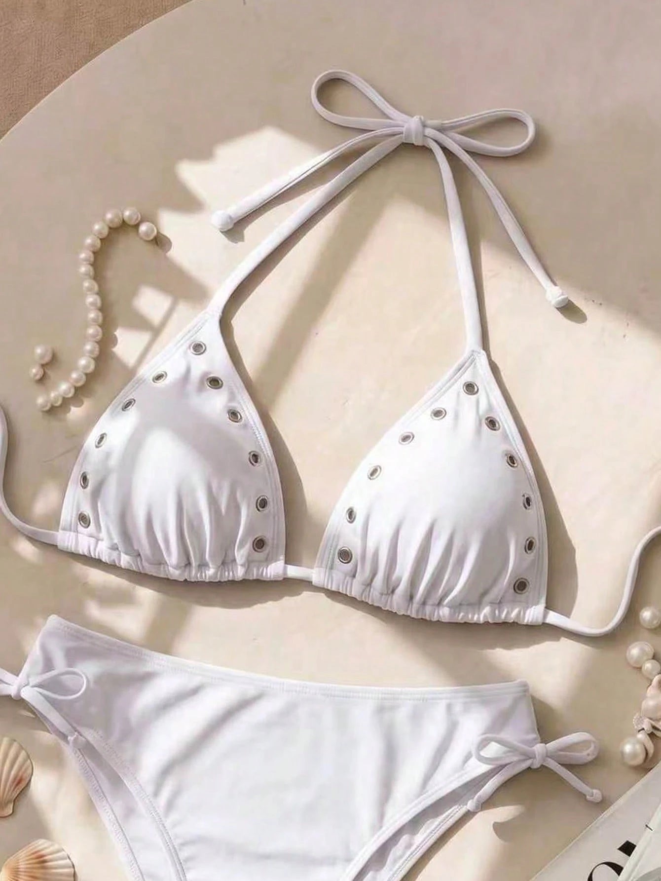 Swim SXY Plus Size White Rivet Halter Neck Triangle Cup Bikini Top, Adjustable Back Tie, Suitable For Beach Vacation Summer Sexy