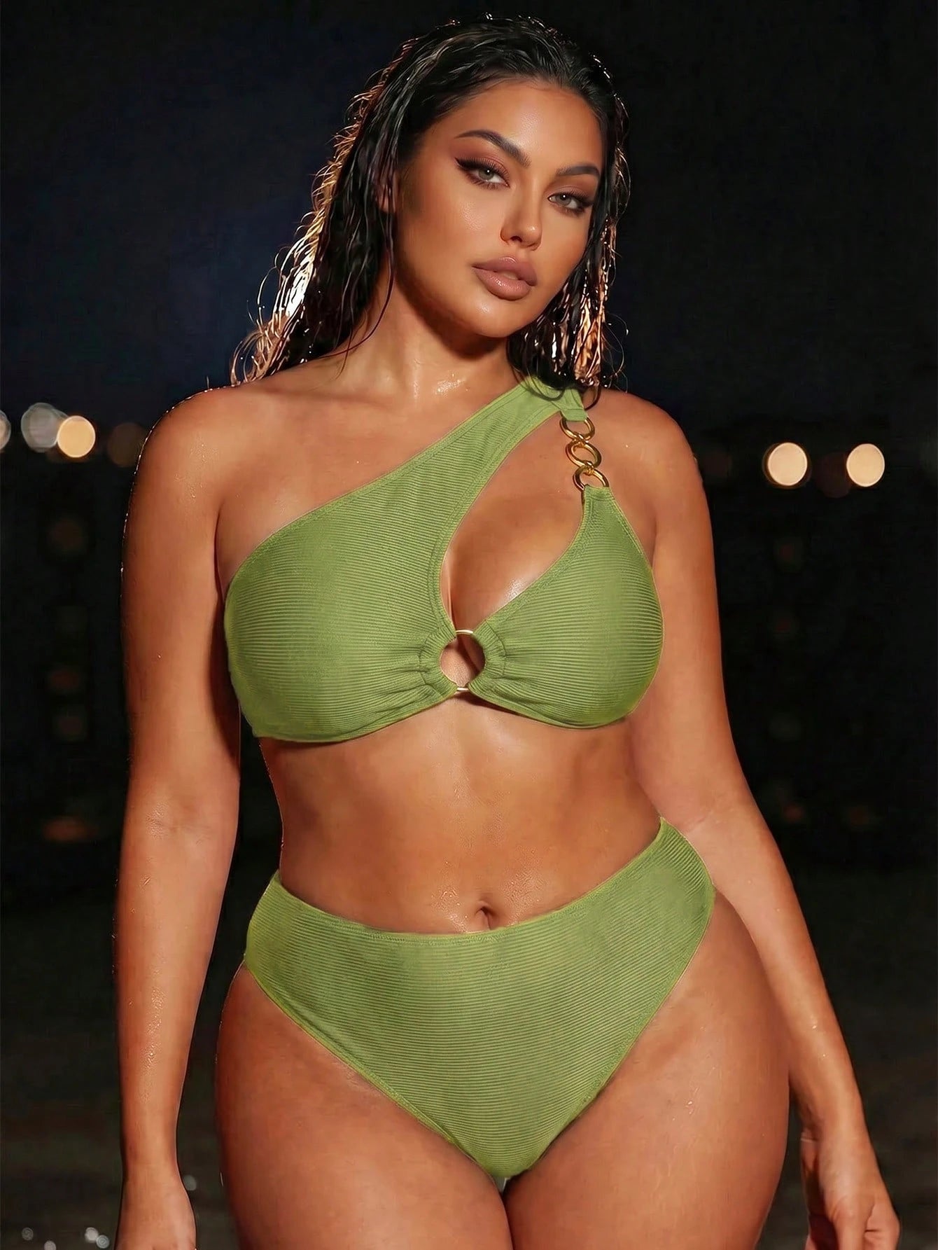 Swim SXY Plus Size Women 2-Piece Solid Color One-Shoulder Sexy Beach Vacation Bikini Swimsuit Summer