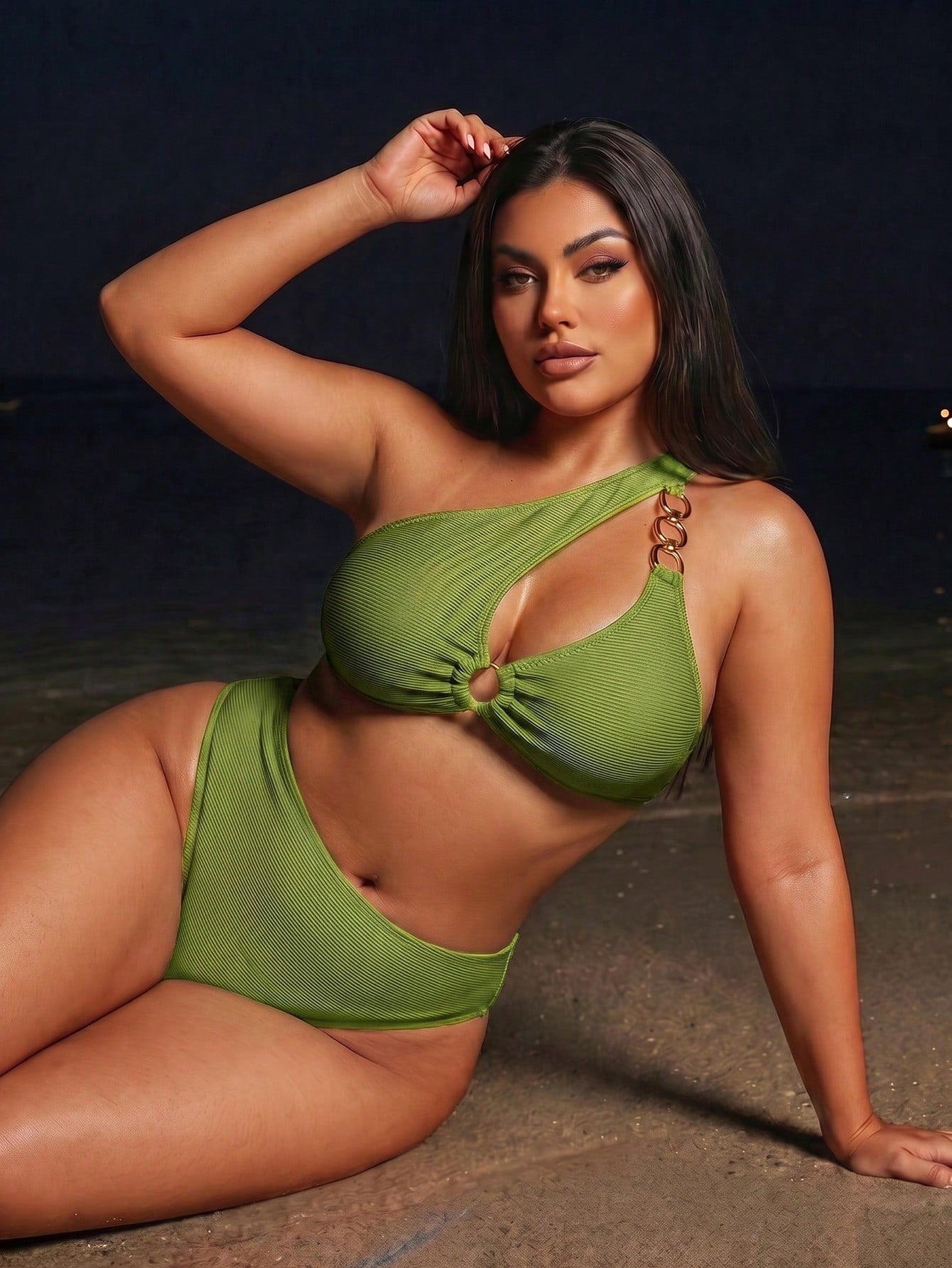Swim SXY Plus Size Women 2-Piece Solid Color One-Shoulder Sexy Beach Vacation Bikini Swimsuit Summer
