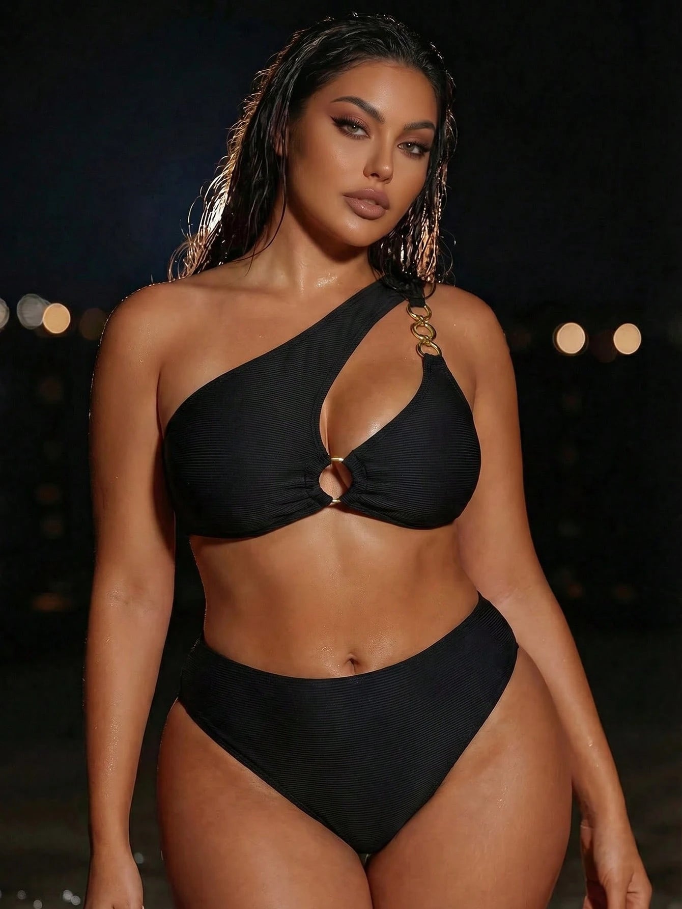 Swim SXY Plus Size Women 2-Piece Solid Color One-Shoulder Sexy Beach Vacation Bikini Swimsuit Summer