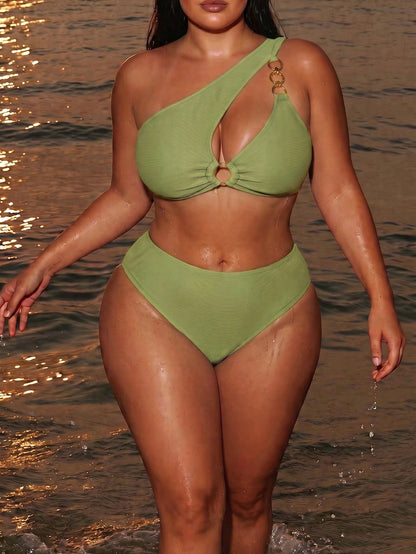 Swim SXY Plus Size Women 2-Piece Solid Color One-Shoulder Sexy Beach Vacation Bikini Swimsuit Summer