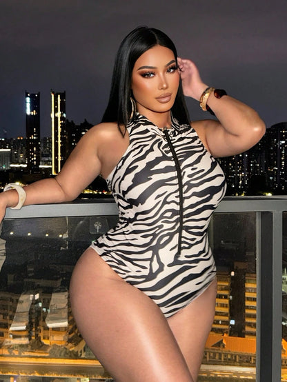 Swim SXY Plus Size Women's One-Piece Random Animal Zebra Print Front Zipper Sleeveless Sporty Surfing Swimsuit