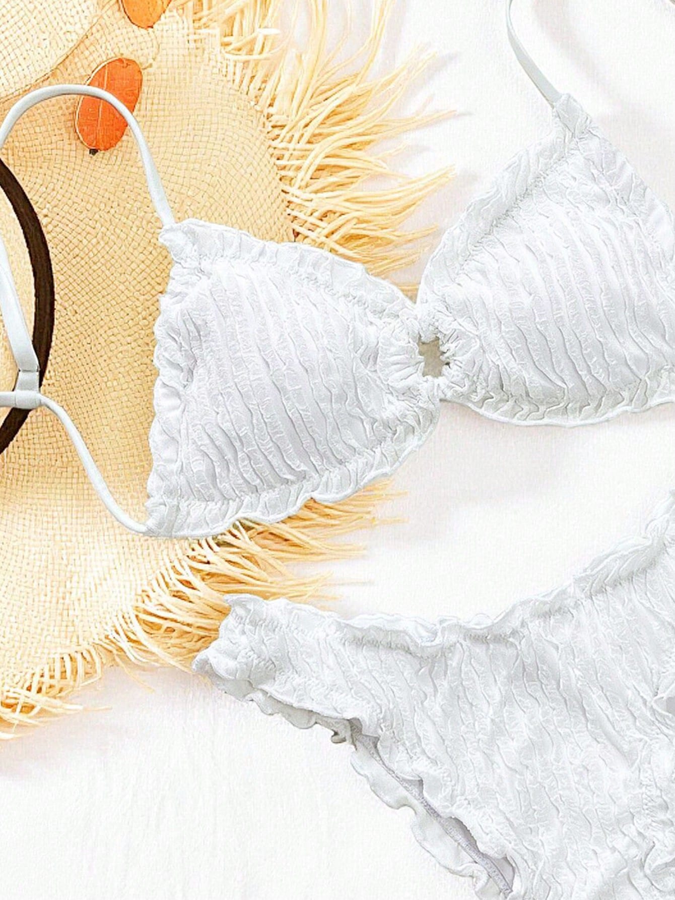 Swim SXY Solid Color Jacquard Fabric Cute Frill Trim Tie Strap Casual Beach Bikini Set For Women