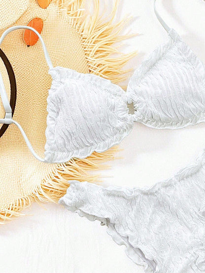 Swim SXY Solid Color Jacquard Fabric Cute Frill Trim Tie Strap Casual Beach Bikini Set For Women