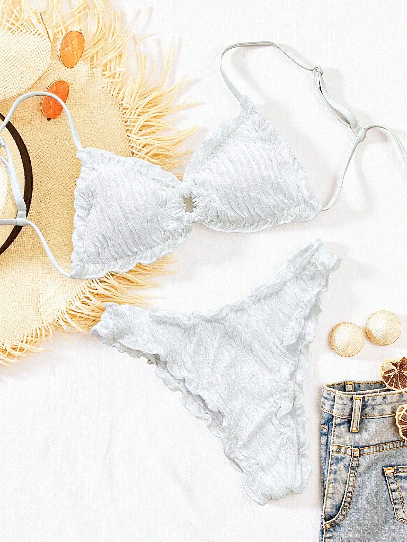 Swim SXY Solid Color Jacquard Fabric Cute Frill Trim Tie Strap Casual Beach Bikini Set For Women