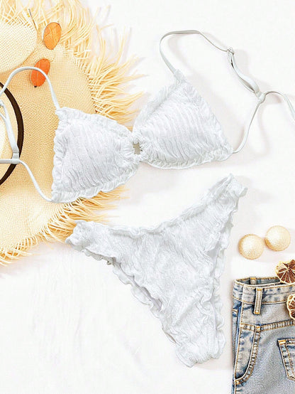 Swim SXY Solid Color Jacquard Fabric Cute Frill Trim Tie Strap Casual Beach Bikini Set For Women