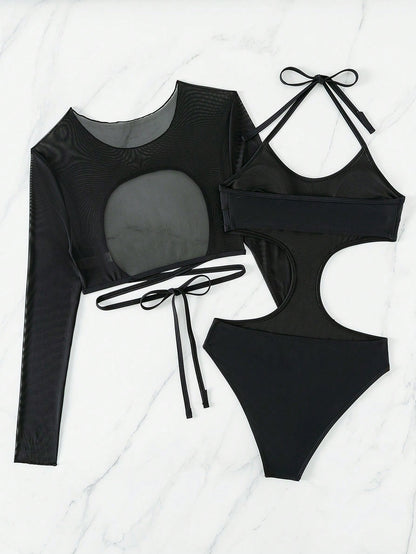 Swim SXY Summer Beach Women's Halter-Neck Hollow Out High Waist One-Piece Swimsuit