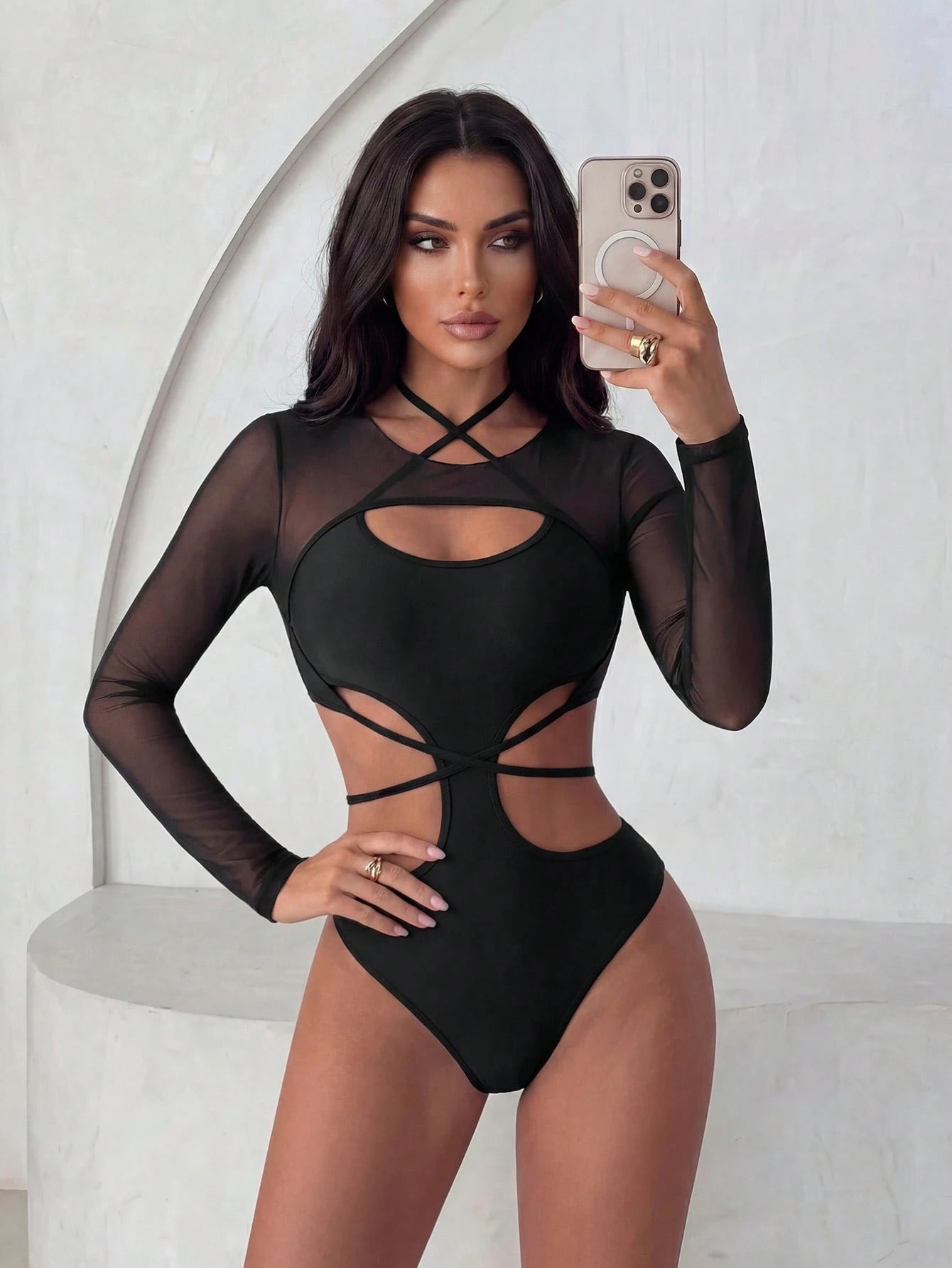 Swim SXY Summer Beach Women's Halter-Neck Hollow Out High Waist One-Piece Swimsuit