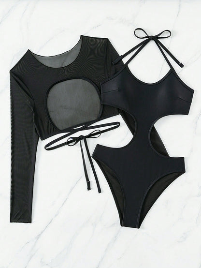 Swim SXY Summer Beach Women's Halter-Neck Hollow Out High Waist One-Piece Swimsuit
