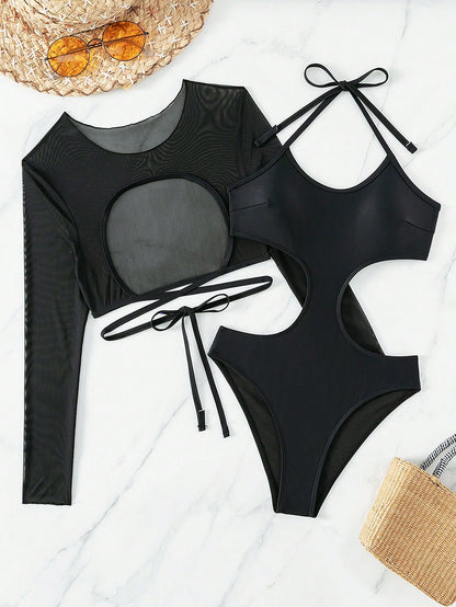 Swim SXY Summer Beach Women's Halter-Neck Hollow Out High Waist One-Piece Swimsuit