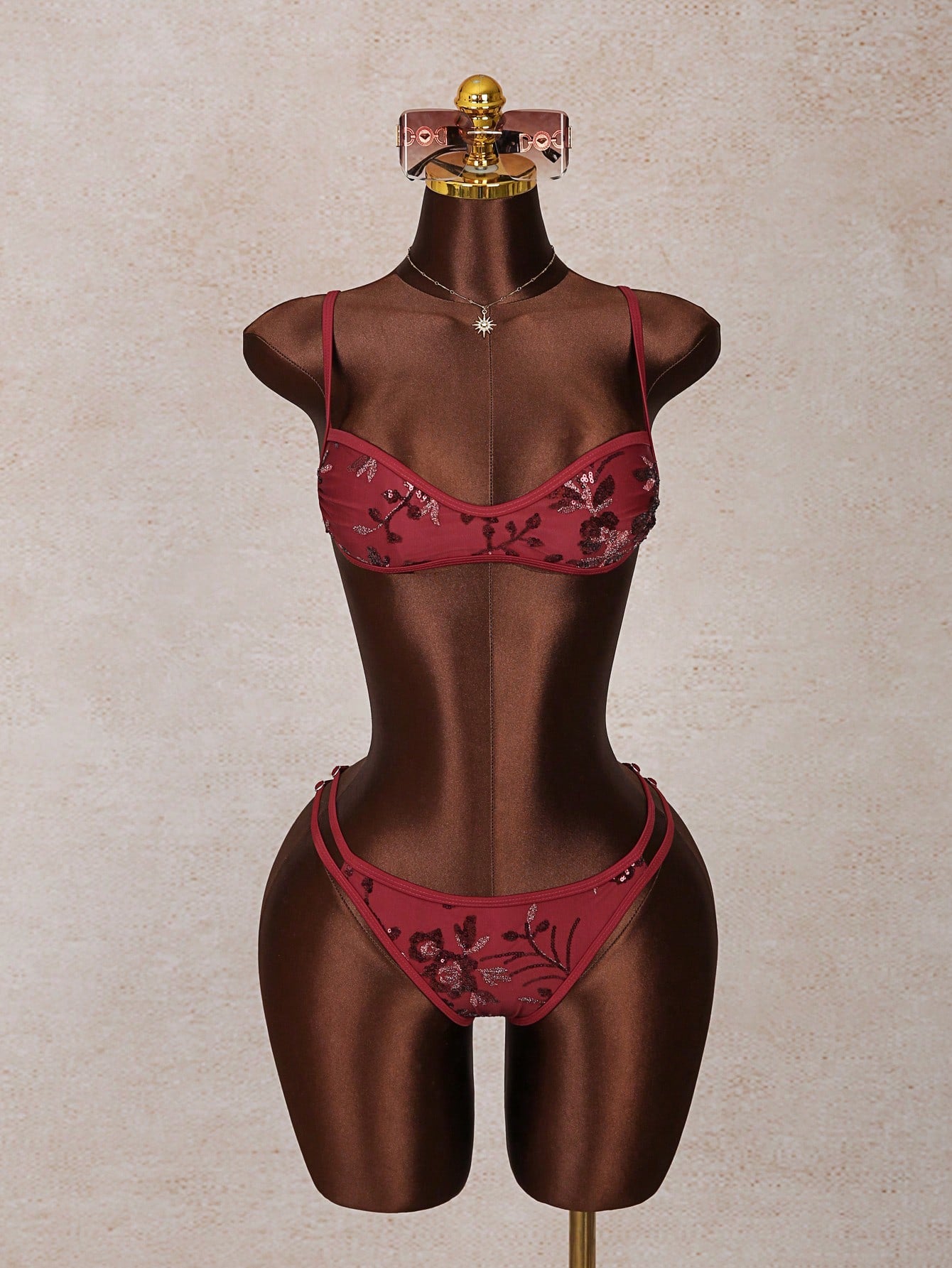 Swim SXY Women's Micro Cup Bikini With Sequins, & Fashionable Wine Red Floral,Summer,Casual,Beach,Holiday,Vacation,Photography,Swimming Pool Party