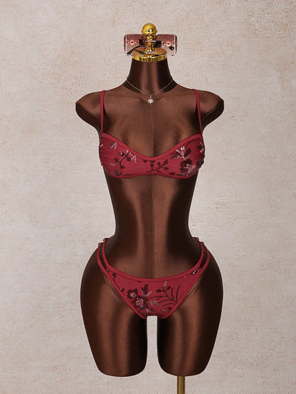Swim SXY Women's Micro Cup Bikini With Sequins, & Fashionable Wine Red Floral,Summer,Casual,Beach,Holiday,Vacation,Photography,Swimming Pool Party