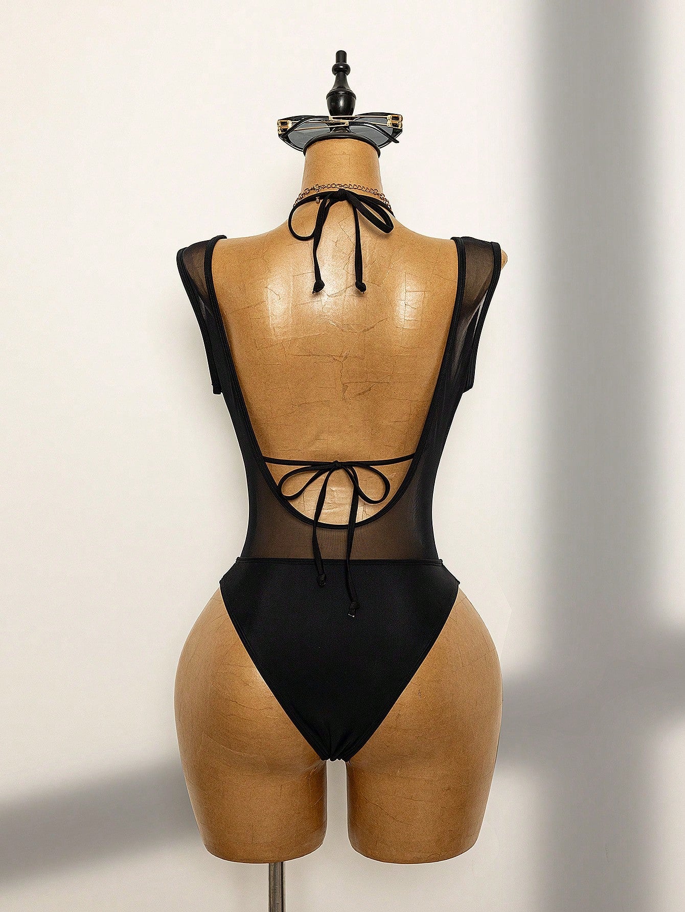 Swim SXY Women's Summer Sensual Black Triangle Cup Halter Mesh Sheer Splice High Waist Sexy Bombshell Holiday Beach Hot Spring Party One-Piece Swimsuit