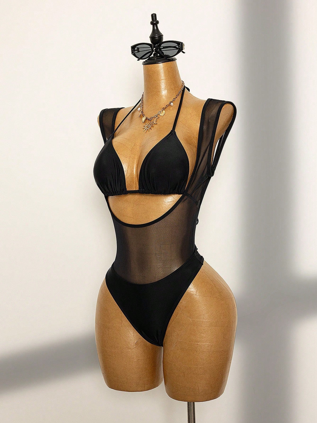 Swim SXY Women's Summer Sensual Black Triangle Cup Halter Mesh Sheer Splice High Waist Sexy Bombshell Holiday Beach Hot Spring Party One-Piece Swimsuit