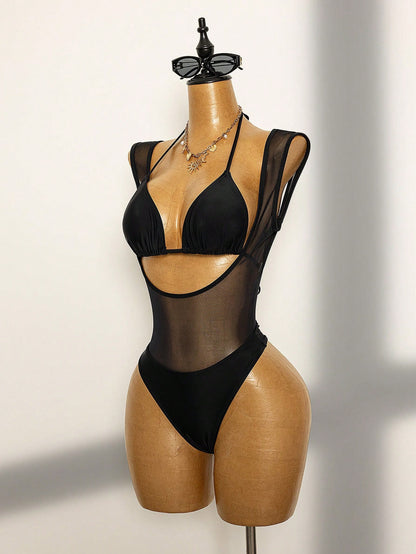 Swim SXY Women's Summer Sensual Black Triangle Cup Halter Mesh Sheer Splice High Waist Sexy Bombshell Holiday Beach Hot Spring Party One-Piece Swimsuit