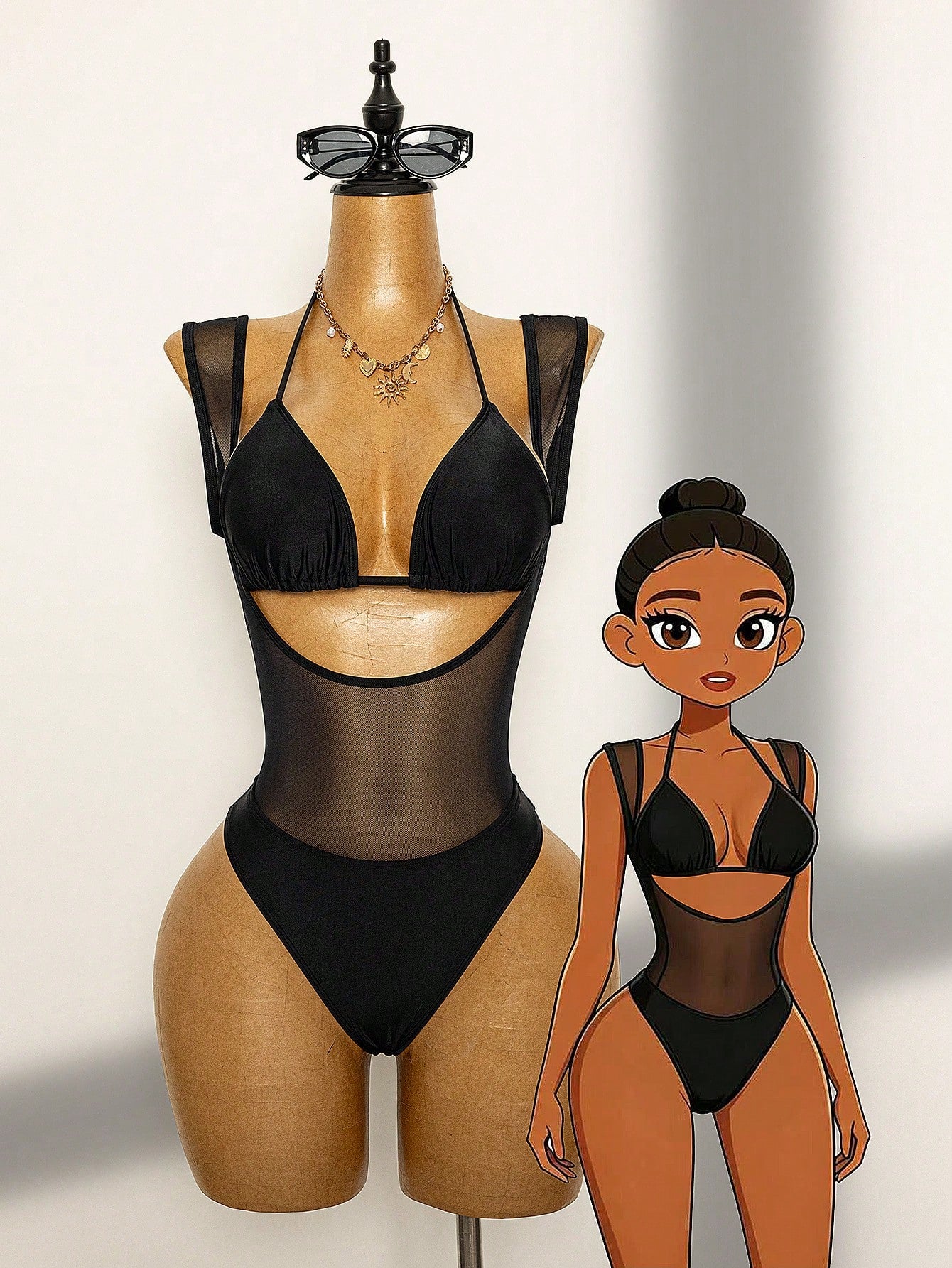 Swim SXY Women's Summer Sensual Black Triangle Cup Halter Mesh Sheer Splice High Waist Sexy Bombshell Holiday Beach Hot Spring Party One-Piece Swimsuit