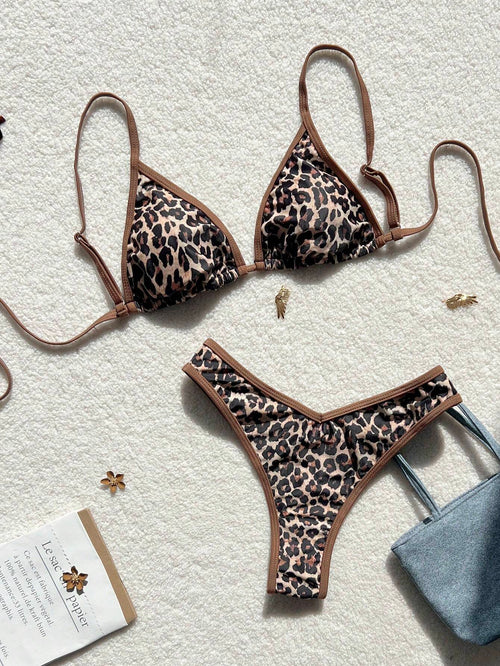 Swim Vcay 2 Pieces Swimwear: Random Print Halter Top With Spaghetti Straps And Side Tie Bottom Summer