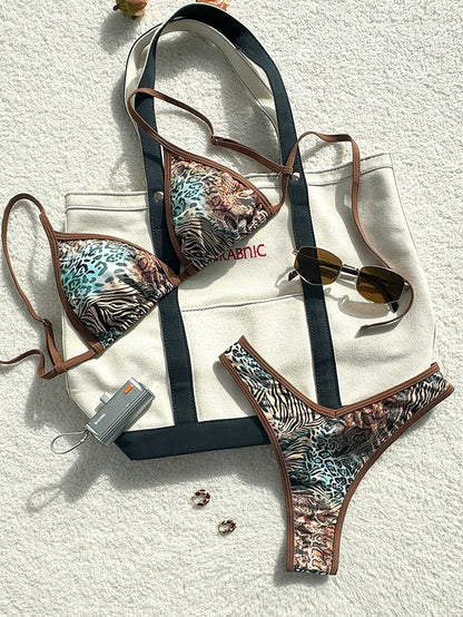 Swim Vcay 2 Pieces Swimwear: Random Print Halter Top With Spaghetti Straps And Side Tie Bottom Summer