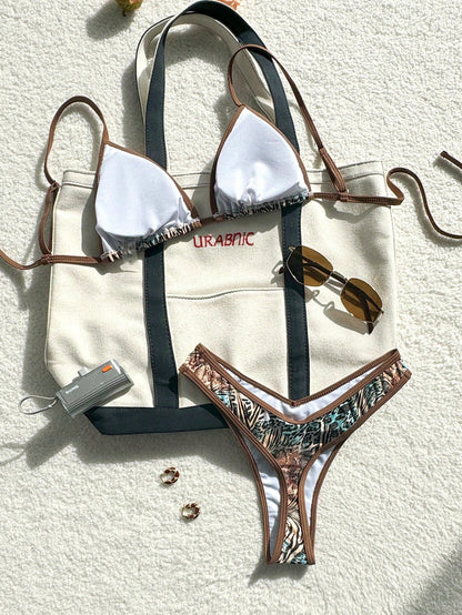Swim Vcay 2 Pieces Swimwear: Random Print Halter Top With Spaghetti Straps And Side Tie Bottom Summer