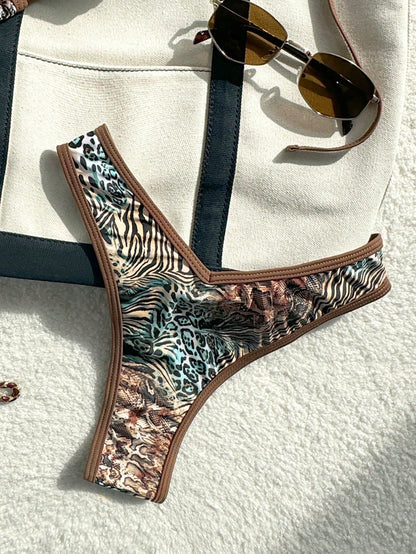 Swim Vcay 2 Pieces Swimwear: Random Print Halter Top With Spaghetti Straps And Side Tie Bottom Summer