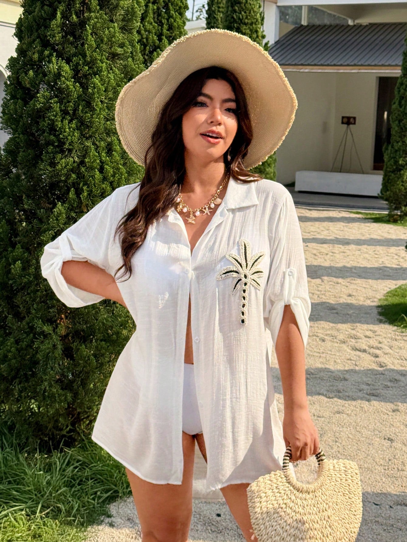 Swim Vcay 2026 New Plus Size Women White Coconut Button Casual Vacation Beach Kimono Cover Up