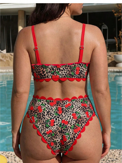 Swim Vcay 2026 New Spring/Summer Plus Size 2-Piece Bikini Set Set, Leopard Print With Random Cherry Print, Semi-Circular Decorative Ruffle Bandeau Top With Detachable Shoulder Straps, Women's Beach Va