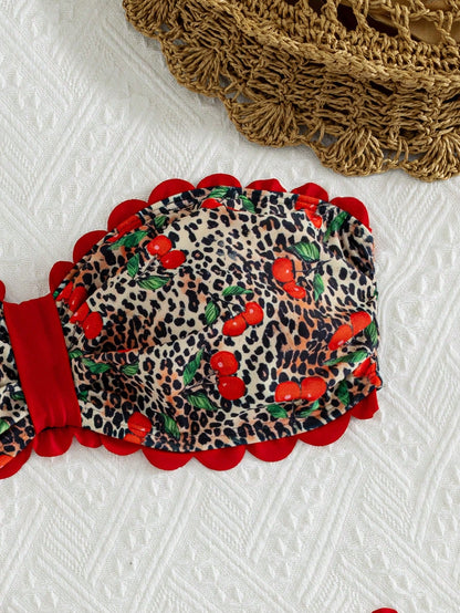 Swim Vcay 2026 New Spring/Summer Plus Size 2-Piece Bikini Set Set, Leopard Print With Random Cherry Print, Semi-Circular Decorative Ruffle Bandeau Top With Detachable Shoulder Straps, Women's Beach Va