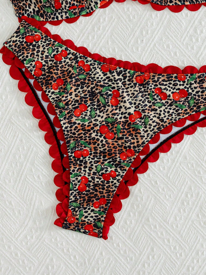 Swim Vcay 2026 New Spring/Summer Plus Size 2-Piece Bikini Set Set, Leopard Print With Random Cherry Print, Semi-Circular Decorative Ruffle Bandeau Top With Detachable Shoulder Straps, Women's Beach Va