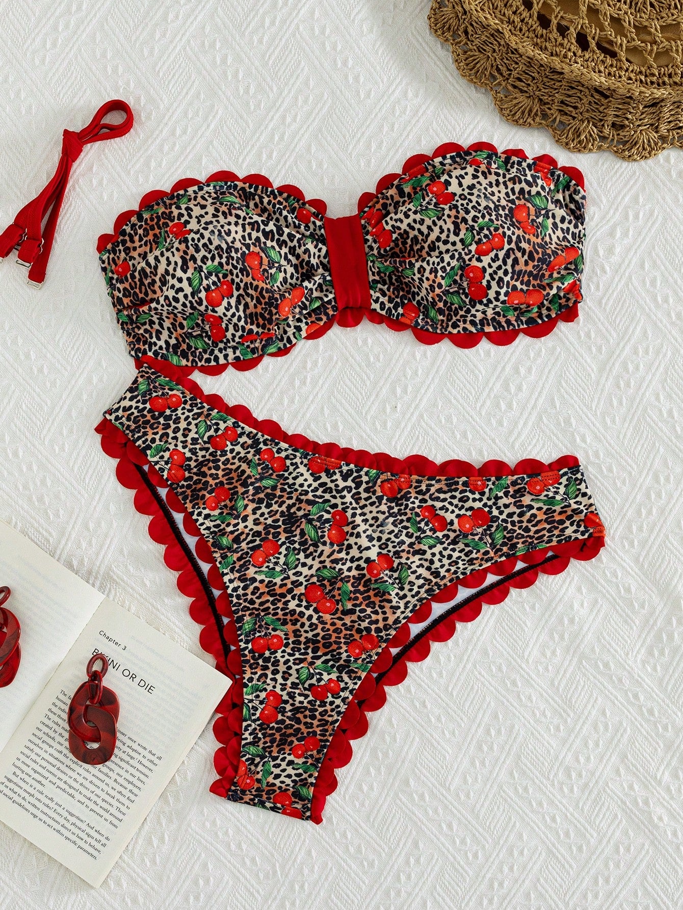 Swim Vcay 2026 New Spring/Summer Plus Size 2-Piece Bikini Set Set, Leopard Print With Random Cherry Print, Semi-Circular Decorative Ruffle Bandeau Top With Detachable Shoulder Straps, Women's Beach Va