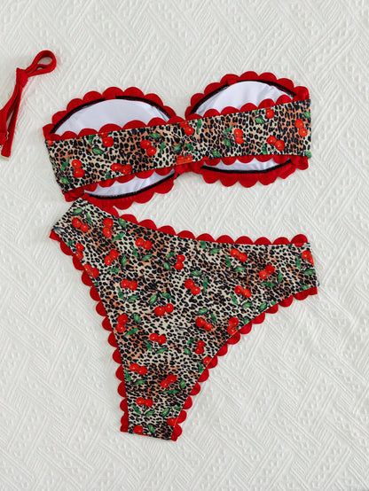 Swim Vcay 2026 New Spring/Summer Plus Size 2-Piece Bikini Set Set, Leopard Print With Random Cherry Print, Semi-Circular Decorative Ruffle Bandeau Top With Detachable Shoulder Straps, Women's Beach Va