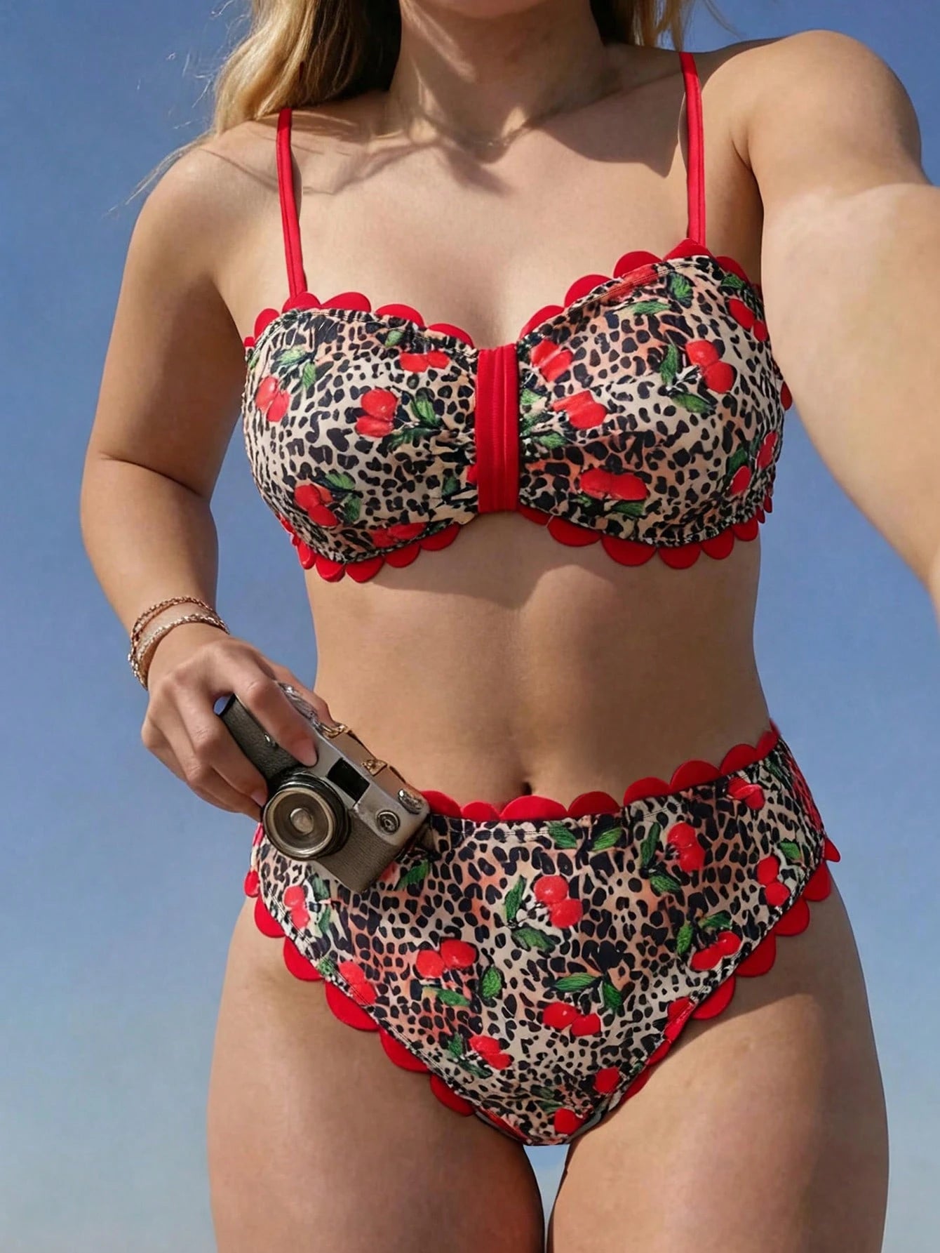 Swim Vcay 2026 New Spring/Summer Plus Size 2-Piece Bikini Set Set, Leopard Print With Random Cherry Print, Semi-Circular Decorative Ruffle Bandeau Top With Detachable Shoulder Straps, Women's Beach Va