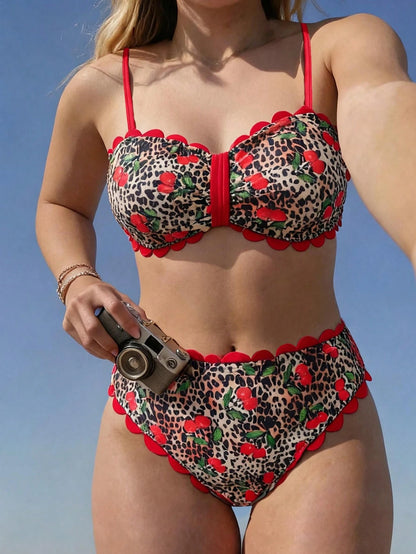 Swim Vcay 2026 New Spring/Summer Plus Size 2-Piece Bikini Set Set, Leopard Print With Random Cherry Print, Semi-Circular Decorative Ruffle Bandeau Top With Detachable Shoulder Straps, Women's Beach Va