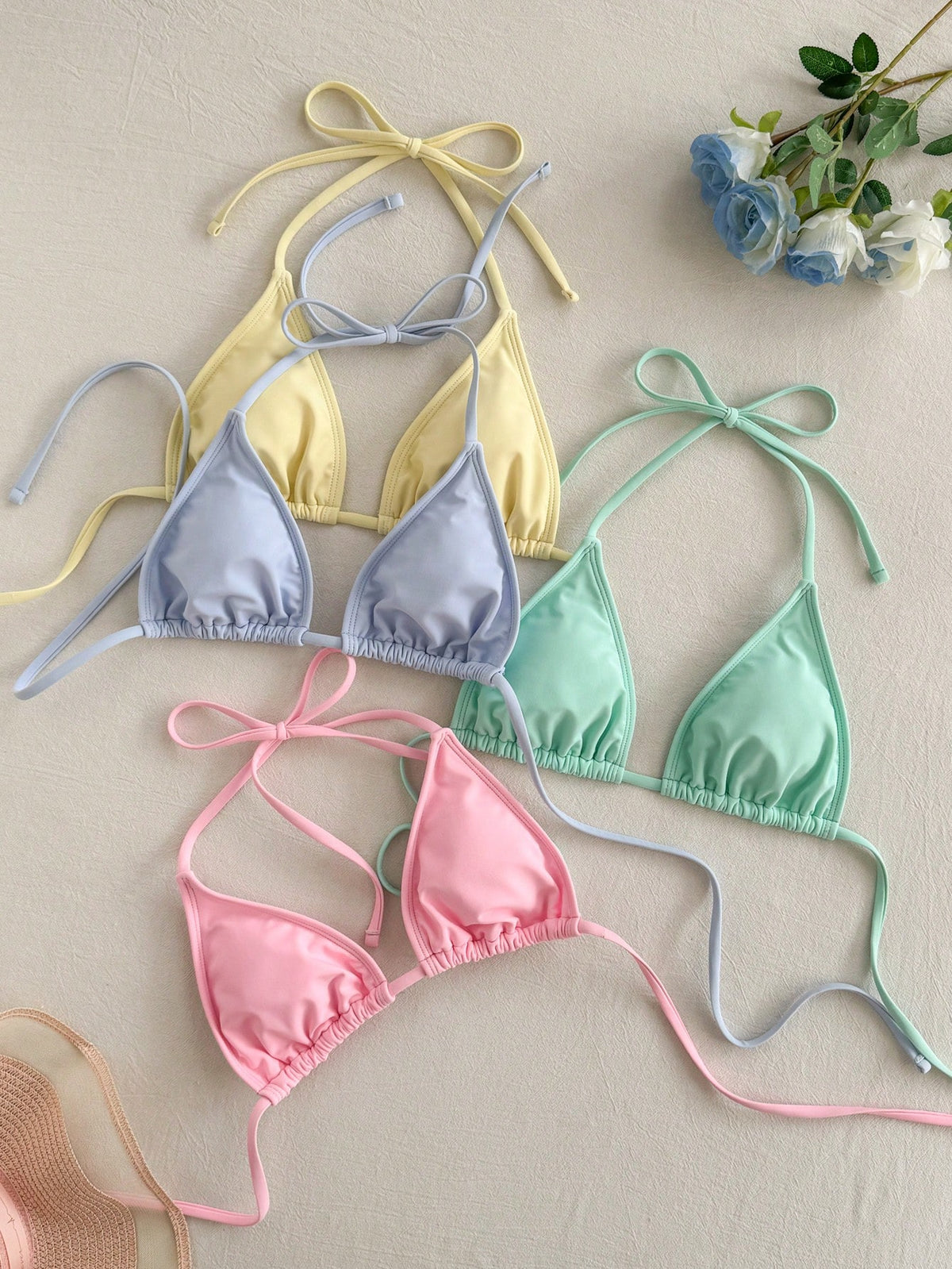 Swim Vcay 2026 New Spring/Summer Women's 4-Piece Solid Color Swimwear Top, Elegant Casual Beach Holiday Holiday Swimwear Light Yellow