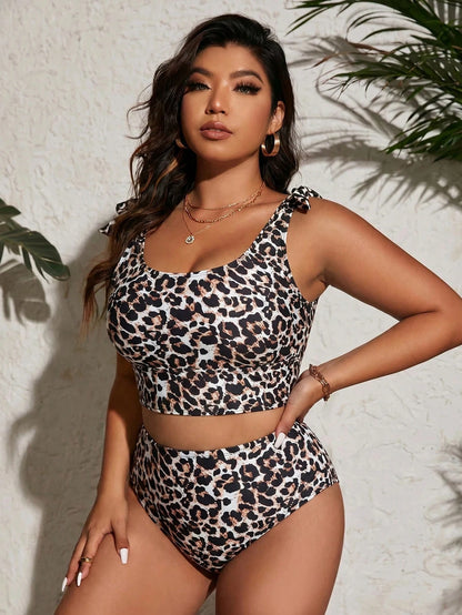 Swim Vcay 2026 New Summer Beach Vacation Casual Leopard Print Sexy Elegant Plus Size Tankini Swimwear