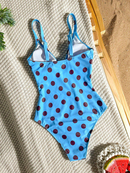 Swim Vcay 2026 New Women's Summer Beach Vacation Elegant Pleated Polka Dot Print Hollow Wide Strap Backless Sexy High Cut One-Piece Swimsuit
