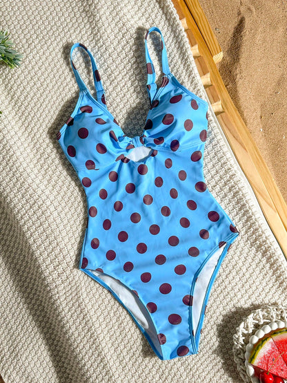 Swim Vcay 2026 New Women's Summer Beach Vacation Elegant Pleated Polka Dot Print Hollow Wide Strap Backless Sexy High Cut One-Piece Swimsuit