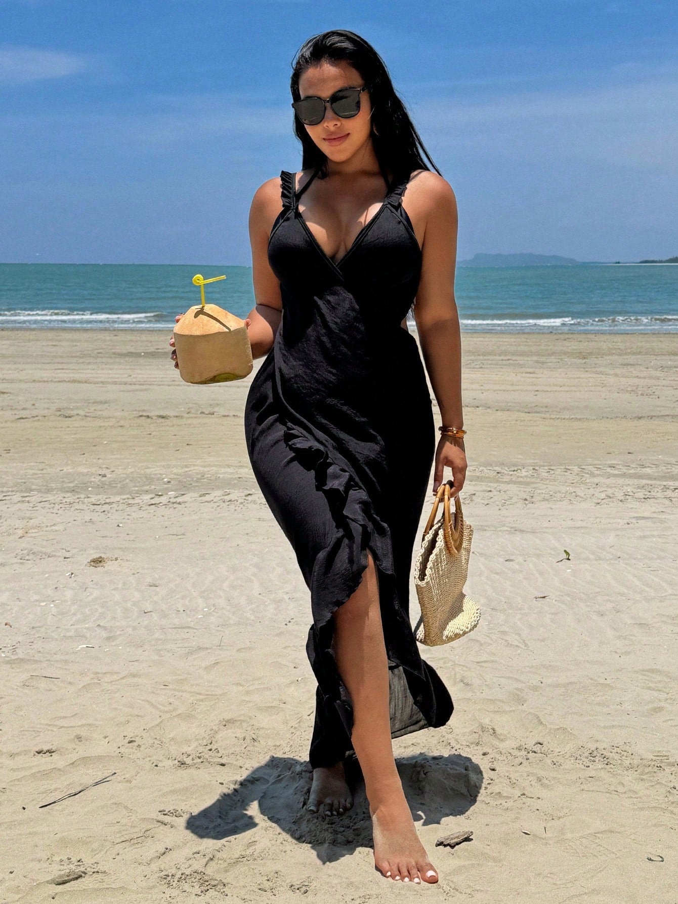 Swim Vcay 2026 Spring/Summer Plus Size Women 1 Piece Spaghetti Strap Sexy Casual Vacation Beach Cover Up Dress Black