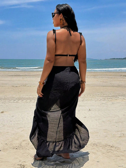 Swim Vcay 2026 Spring/Summer Plus Size Women 1 Piece Spaghetti Strap Sexy Casual Vacation Beach Cover Up Dress Black