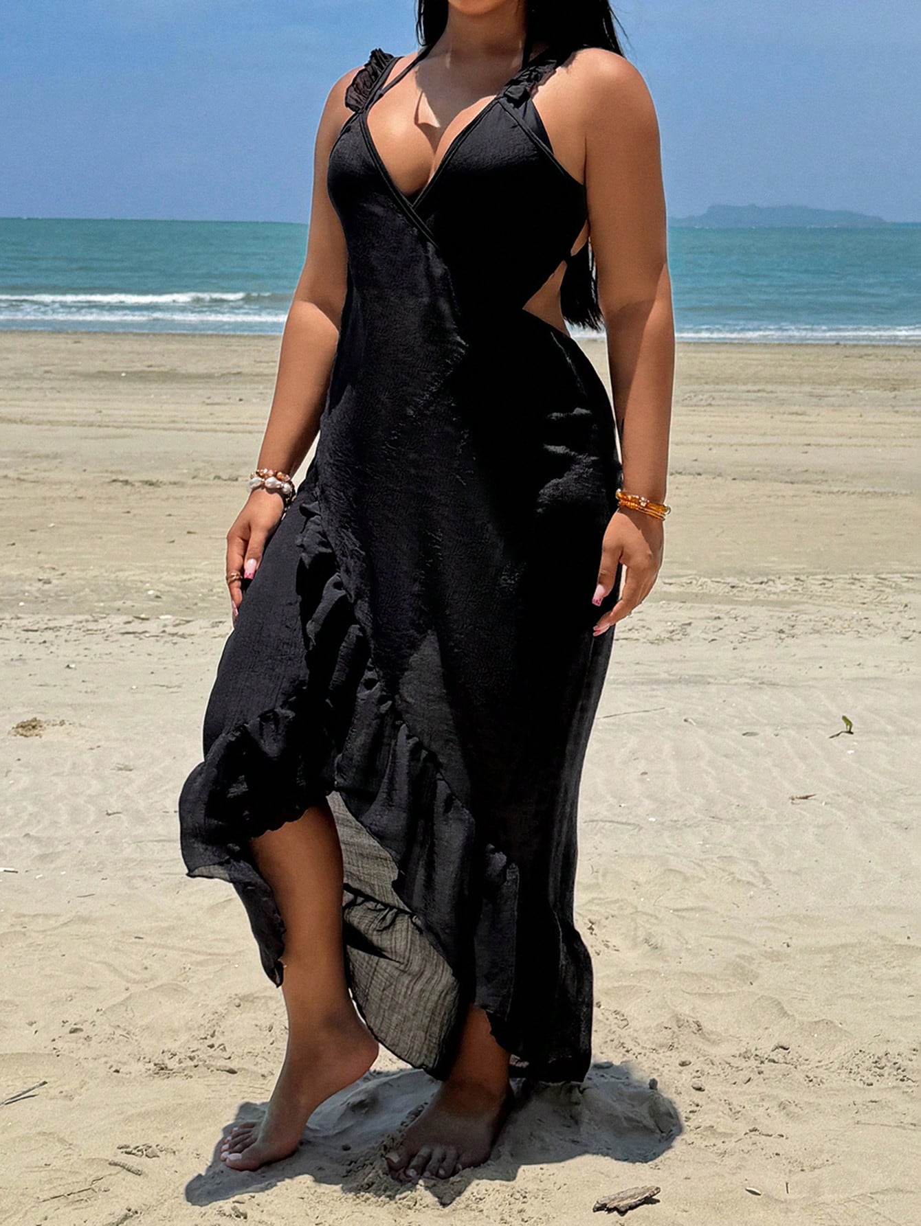 Swim Vcay 2026 Spring/Summer Plus Size Women 1 Piece Spaghetti Strap Sexy Casual Vacation Beach Cover Up Dress Black