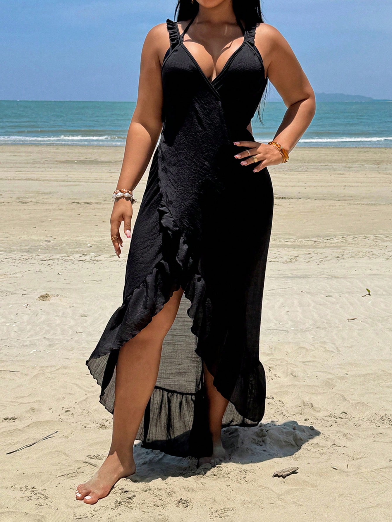 Swim Vcay 2026 Spring/Summer Plus Size Women 1 Piece Spaghetti Strap Sexy Casual Vacation Beach Cover Up Dress Black