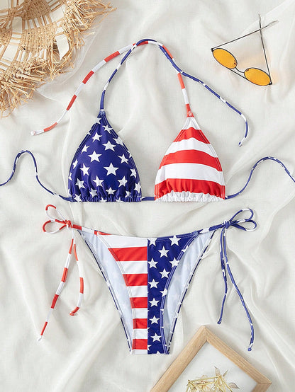 Swim Vcay 2pcs/Set Women's Springbreak Beachwear Summer Outfits, Spaghetti Strap Printed Beach Vacation Side Tie Bikini Set