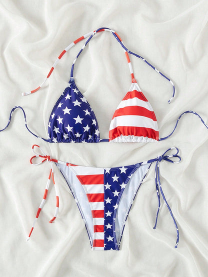 Swim Vcay 2pcs/Set Women's Springbreak Beachwear Summer Outfits, Spaghetti Strap Printed Beach Vacation Side Tie Bikini Set