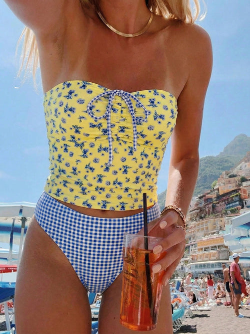 Swim Vcay 2pcs/Set Yellow Summer Boho Holiday Pool Party New Floral Bikini Set,Sweet Cherry Plaid Bottom Swimwear,Holiday Flower Hibiscus Bathing Suit