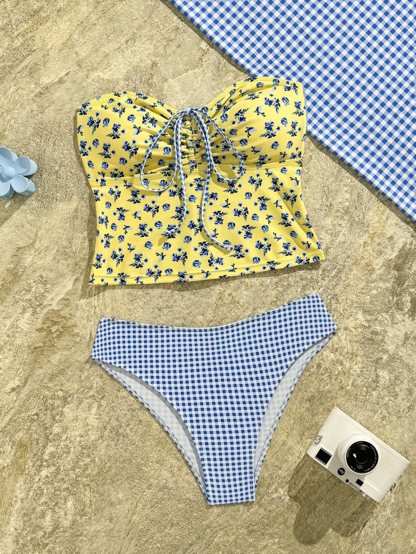 Swim Vcay 2pcs/Set Yellow Summer Boho Holiday Pool Party New Floral Bikini Set,Sweet Cherry Plaid Bottom Swimwear,Holiday Flower Hibiscus Bathing Suit
