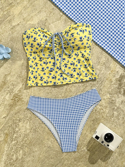 Swim Vcay 2pcs/Set Yellow Summer Boho Holiday Pool Party New Floral Bikini Set,Sweet Cherry Plaid Bottom Swimwear,Holiday Flower Hibiscus Bathing Suit