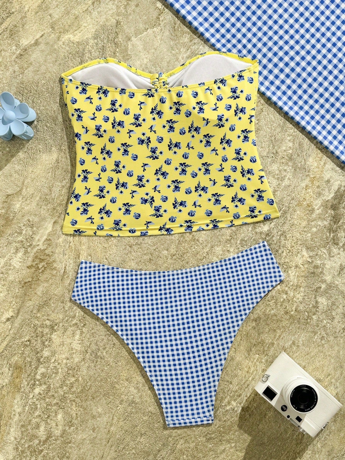 Swim Vcay 2pcs/Set Yellow Summer Boho Holiday Pool Party New Floral Bikini Set,Sweet Cherry Plaid Bottom Swimwear,Holiday Flower Hibiscus Bathing Suit